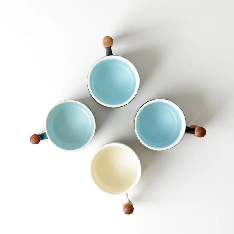 كوب قهوة من السيراميك القديم، كوب ماء مكتبي، كوب شاي، كوب قهوة بمقبض خشبي، كوب قهوة شاي مصنوع يدويًا، هدية عيد ميلاد