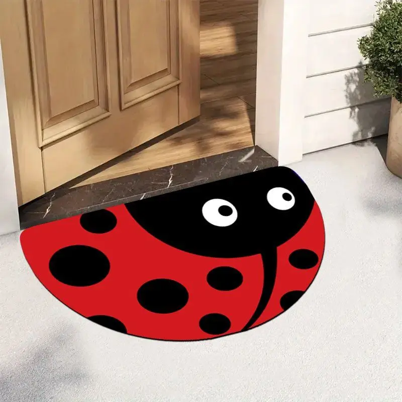 VIKAMA Cartoon Ladybug Semi-Circular Floor Mat, Soft Non-Slip Entrance Carpet, Water Absorbent Bathroom Rug for Home Decor