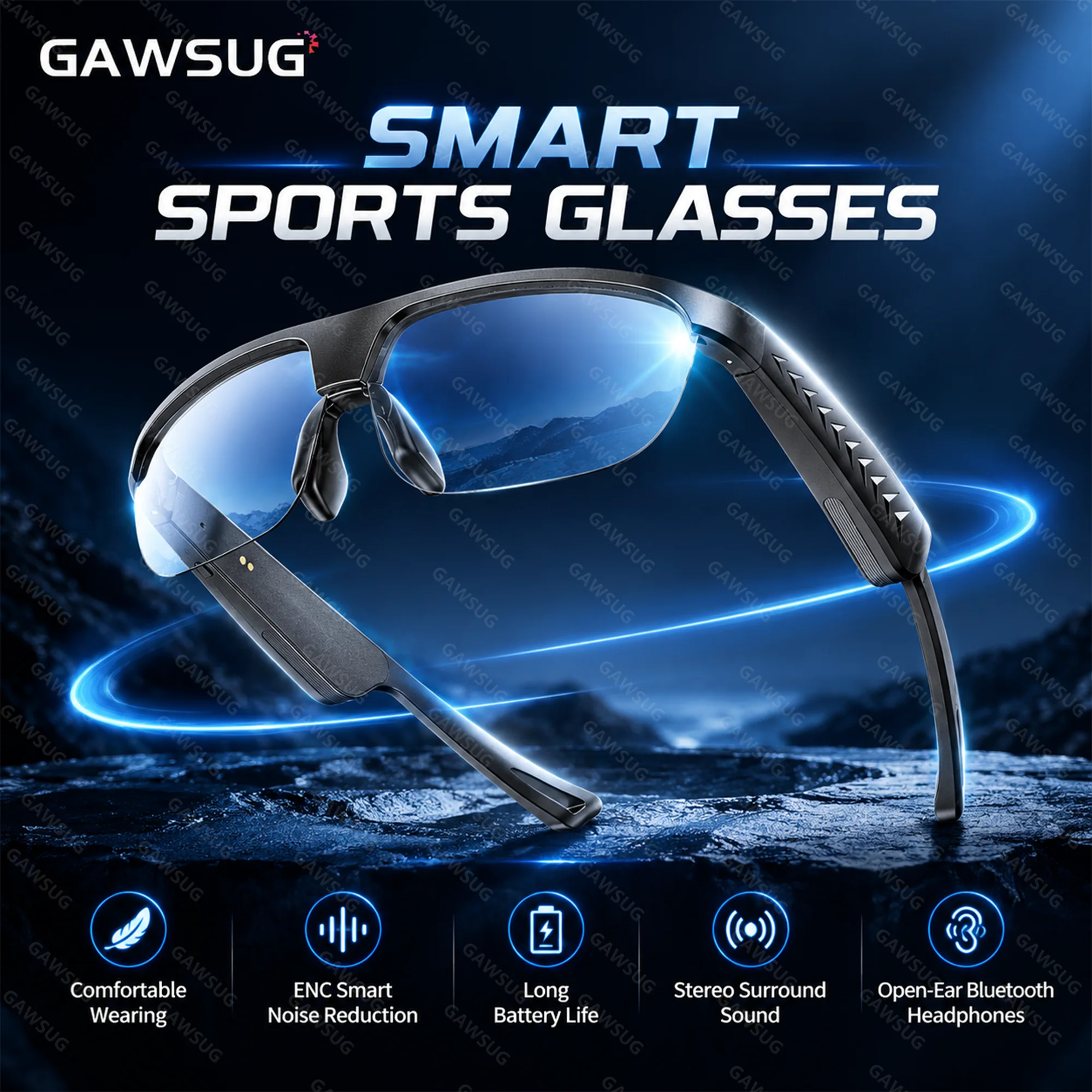 Smart Glasses Open Ear Bluetooth Headphones ENC Noise Cancelling Wireless Audio Sunglasses Hands-Free Call Stereo Men Women