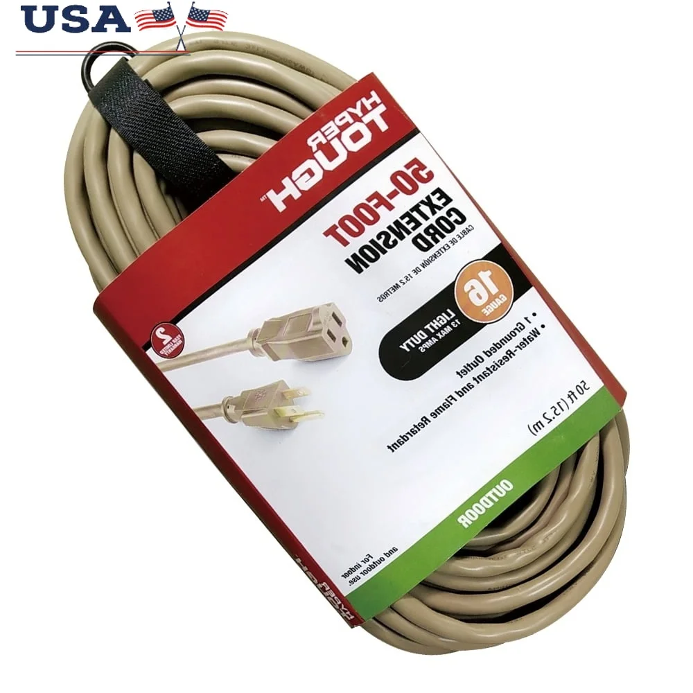 

50 футов, 16AWG, 3-контактный уличный удлинитель, 125 В, 13 А, заземленная розетка, легкий, прочный, ETL-ремешок с крючком и петлей
