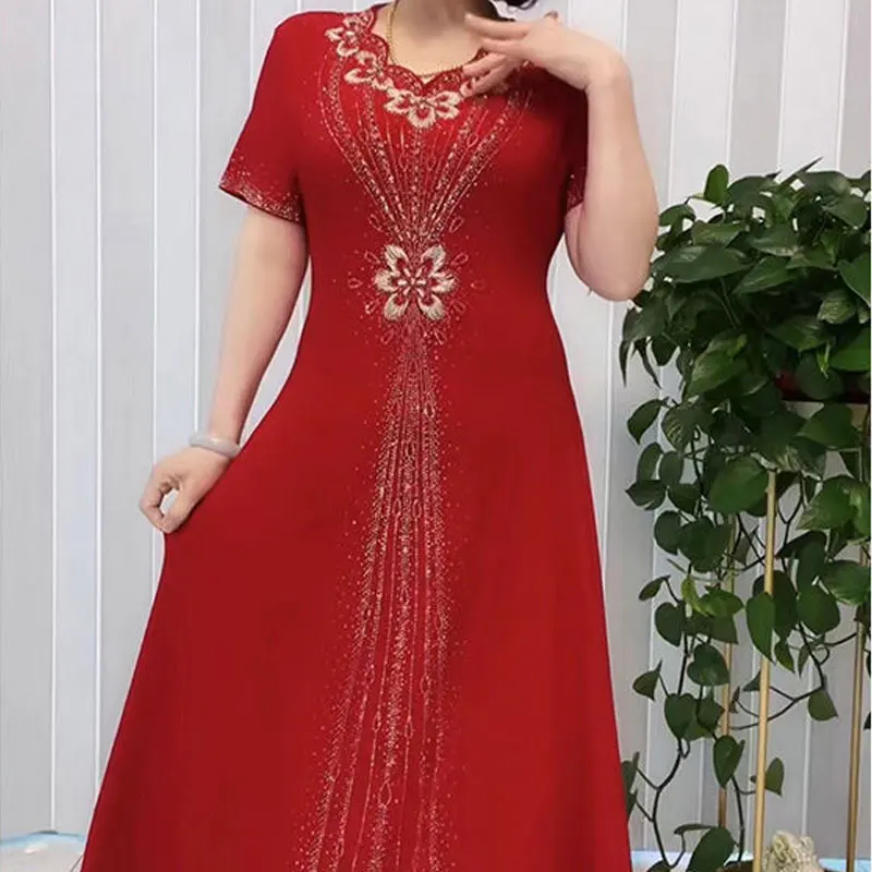 Elegant V-Neck Embroidery Dresses Vintage A-Line Waist Female Clothing Fashion Diamonds Summer Casual Short Sleeve Long Dress