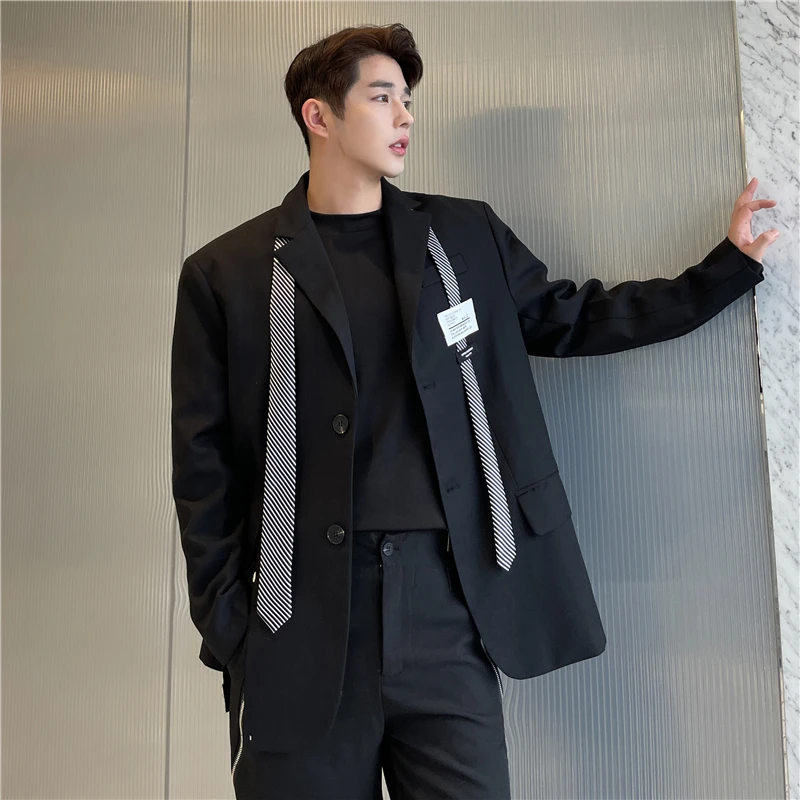 

Spring New Sle Men's Loose Fit Suit Jaet with Tie Hairst Casual Trendy Top Polyester Blend Long Sve