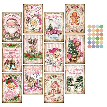 ヴィンテージピンクのクリスマスカードセット,12枚,お友達へのギフト,ピンクのサンタと雪だるま,壁の芸術,部屋の装飾,クリスマスの装飾