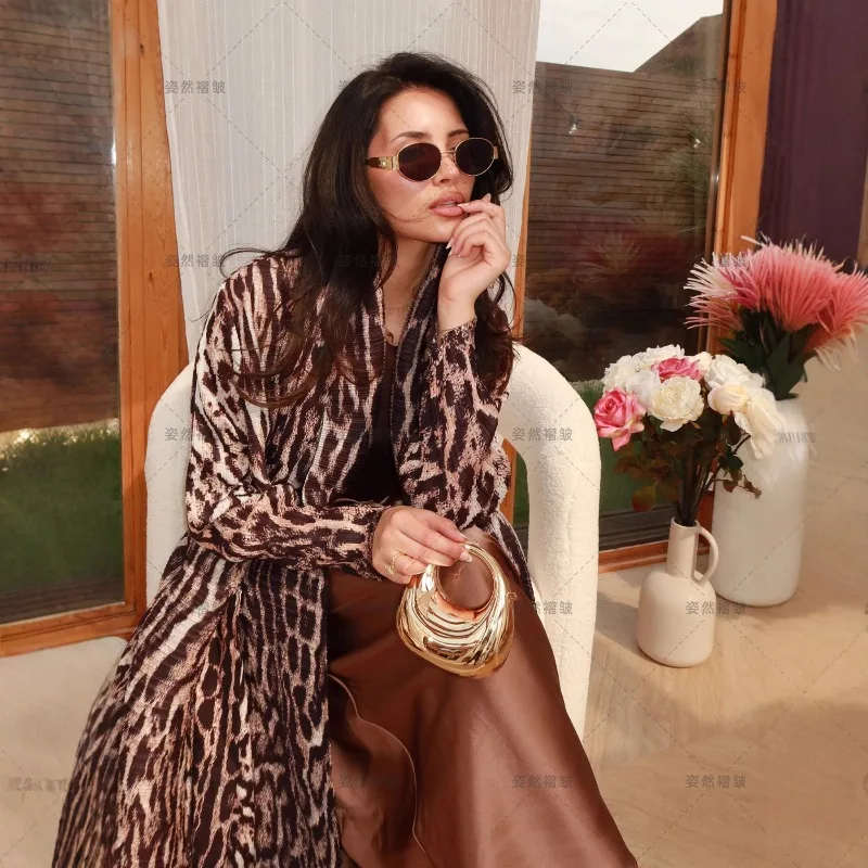 Abaya Miyake Pleated Cardigan Jacket 2025 Fall New Pleated Printed Long-sleeved Cape Long Windbreaker Plus Size Women's Clothing