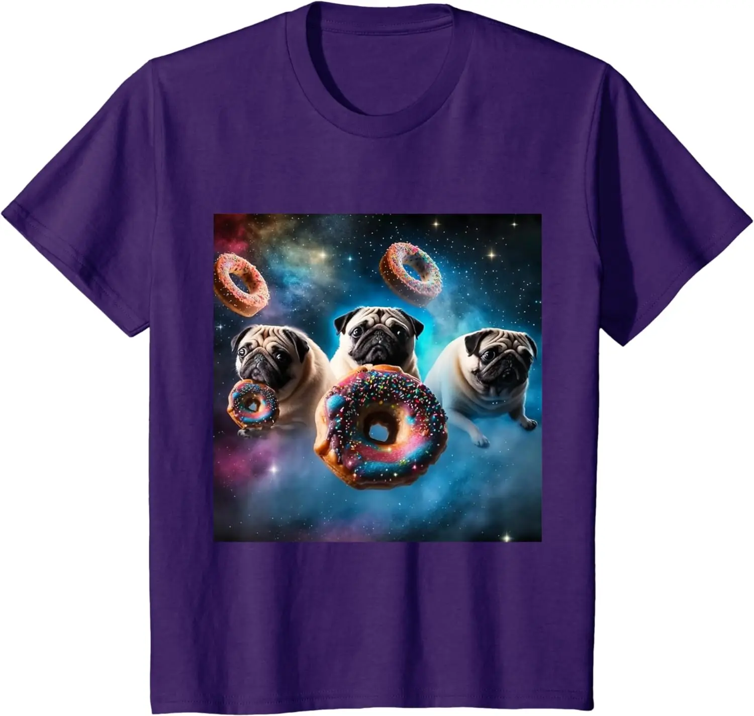 Funny Pugs in Space with Donuts Cute Pug Space Boys Girls Men Women T-Shirt Hiphop Streetwear Cartoon Clothes Cotton