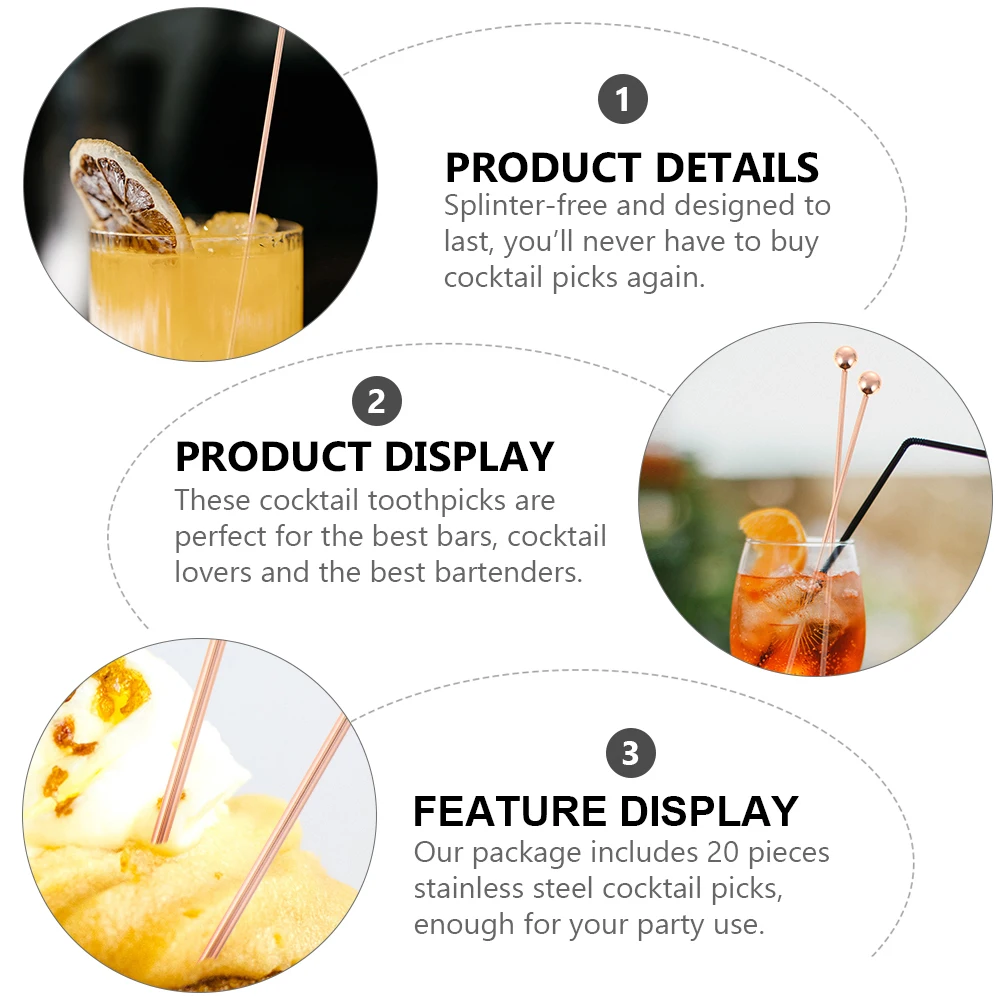 

20pcs Stainless Steel Cocktail Picks Reusable Decorative Skewers Fruit Toothpicks Bar Tools Party Supplies Metal Sticks