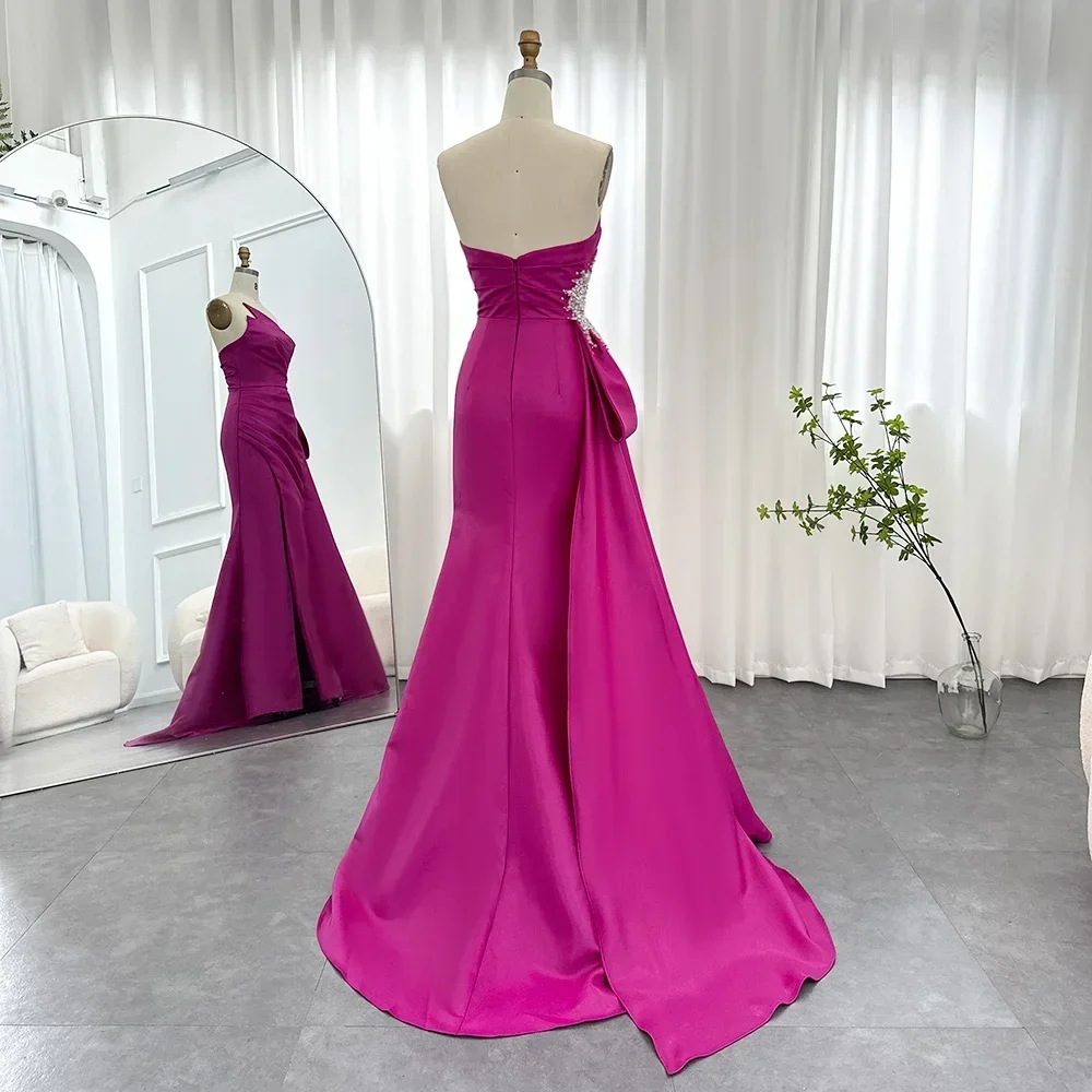 Fashion Crystal Beads Evening Dresses Elegant Strapless Sleeveless Pleat Mermaid Party Gowns Side Slit Floor Length Prom Dresses