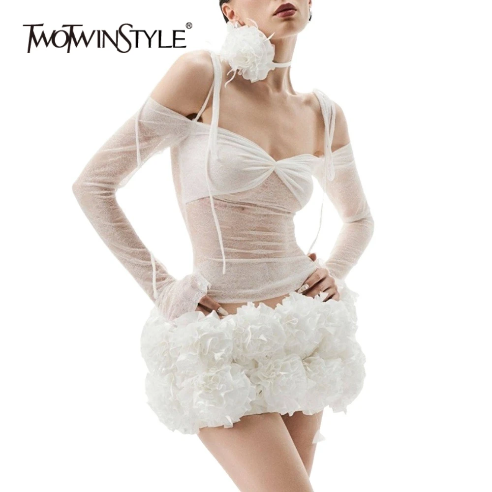 

TWOTWINSTYLE Slimming Two Piece Sets for Women Square Neck Long Sleeves Sheer Sexy Top Spliced 3D Flower Mini Skirt Set Female