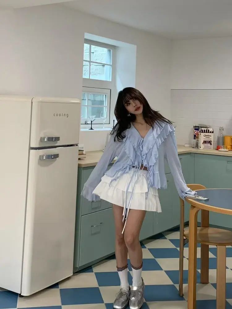 

Корейская блузка Sle Sweet Girl Long Sve, повседневный универсальный топ с бантом и кружевным подолом для офиса и лета