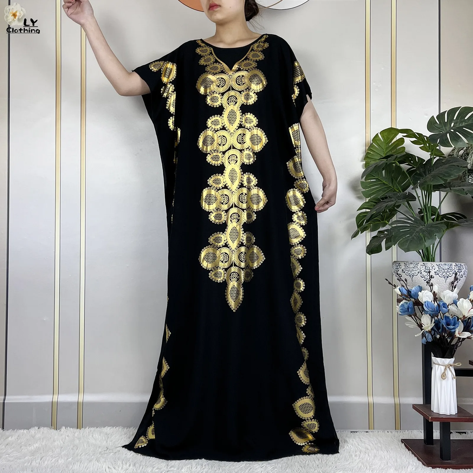 New Style African Abaya Summer Short Sleeve Loose Dress Cotton Muslim Maxi Femme Dress With Big Scarf Dubai Islam Casual Robe