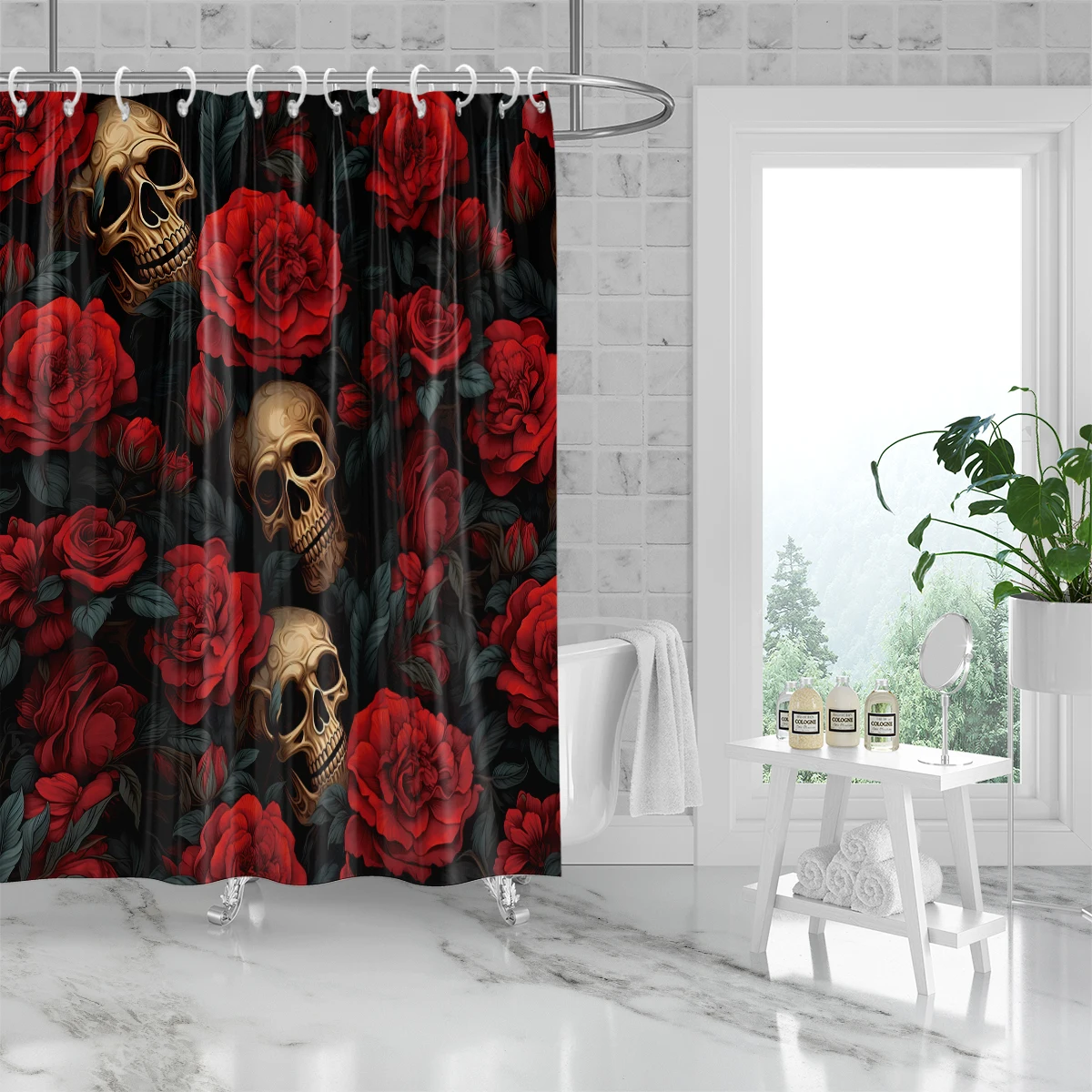 1pc waterproof fabric curtain with Halloween skull rose elements, suitable for bathrooms or kitchens