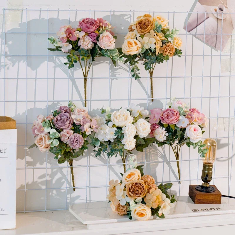

Artificial Flowers Silk Peony Hydrangea For Living Room Home Decoration Wedding Bride Bouquet Rose Fake Plants Table Accessories
