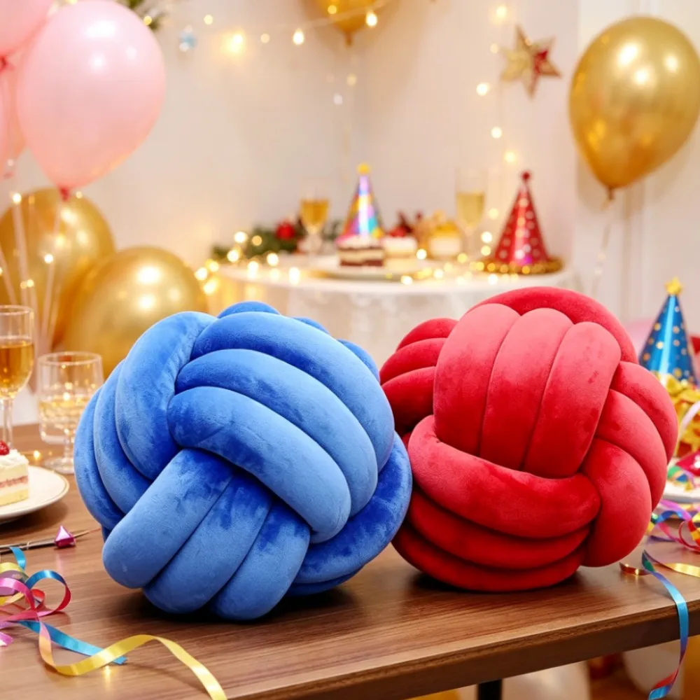 Soft Knotted Ball Throw Pillow Hand-Woven DIY Round Lamb Plush Art Decorative Sofa Cushion for Kids Christmas Gift Red Blue
