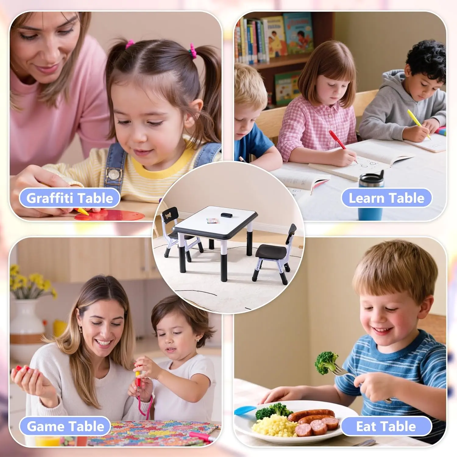 طقم طاولات وكراسي للأطفال (كرسيين)، طقم طاولة وكرسي للأطفال الصغار قابل للتعديل الارتفاع للأطفال من سن 3 إلى 8 سنوات مع سطح مكتب جرافيتي، تعلم
