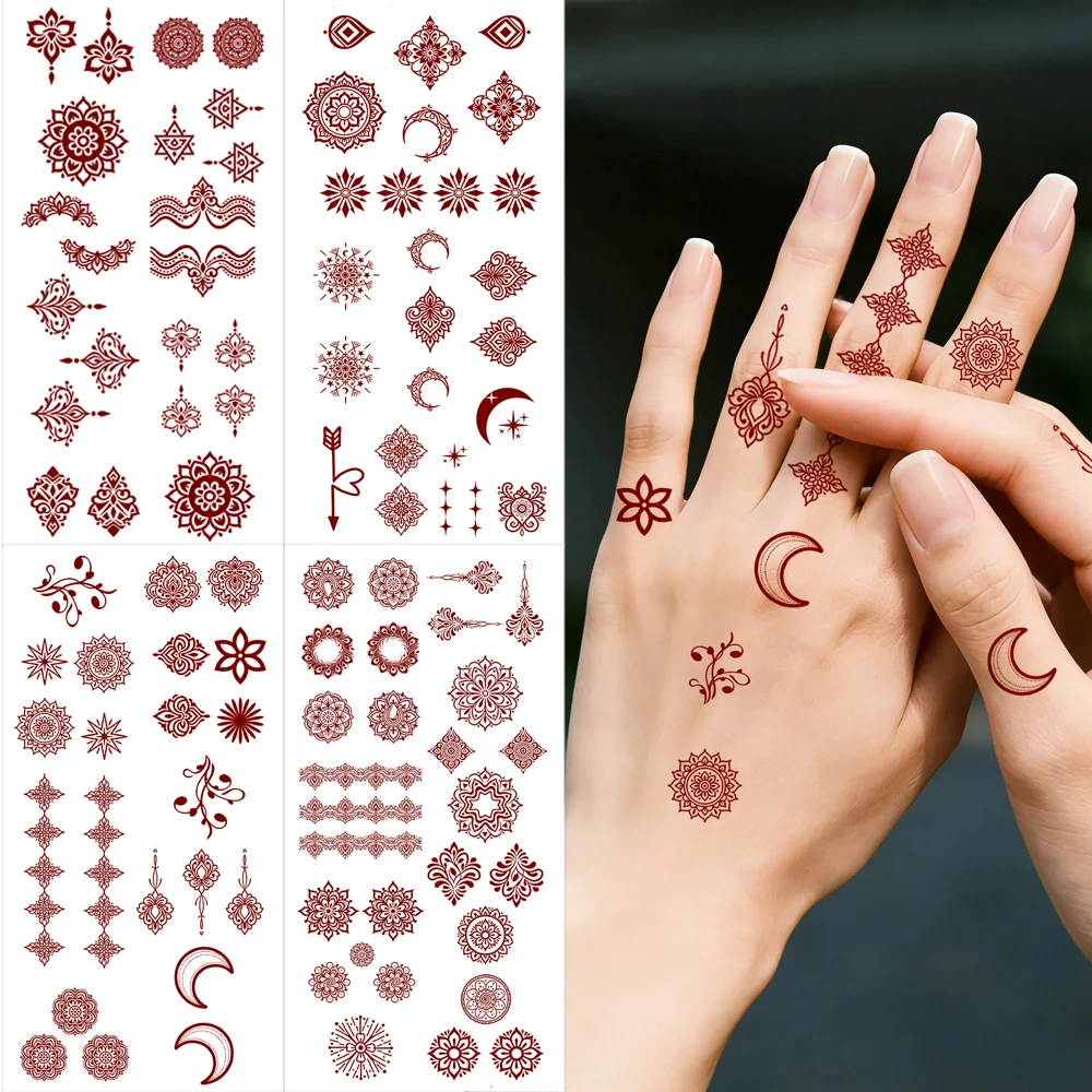 1pc Waterproof Moon Design Temporary Tattoo Sticker for Women Hand Finger Fake Henna Tattoos Body Art Brown Lotus Flower Tattoos