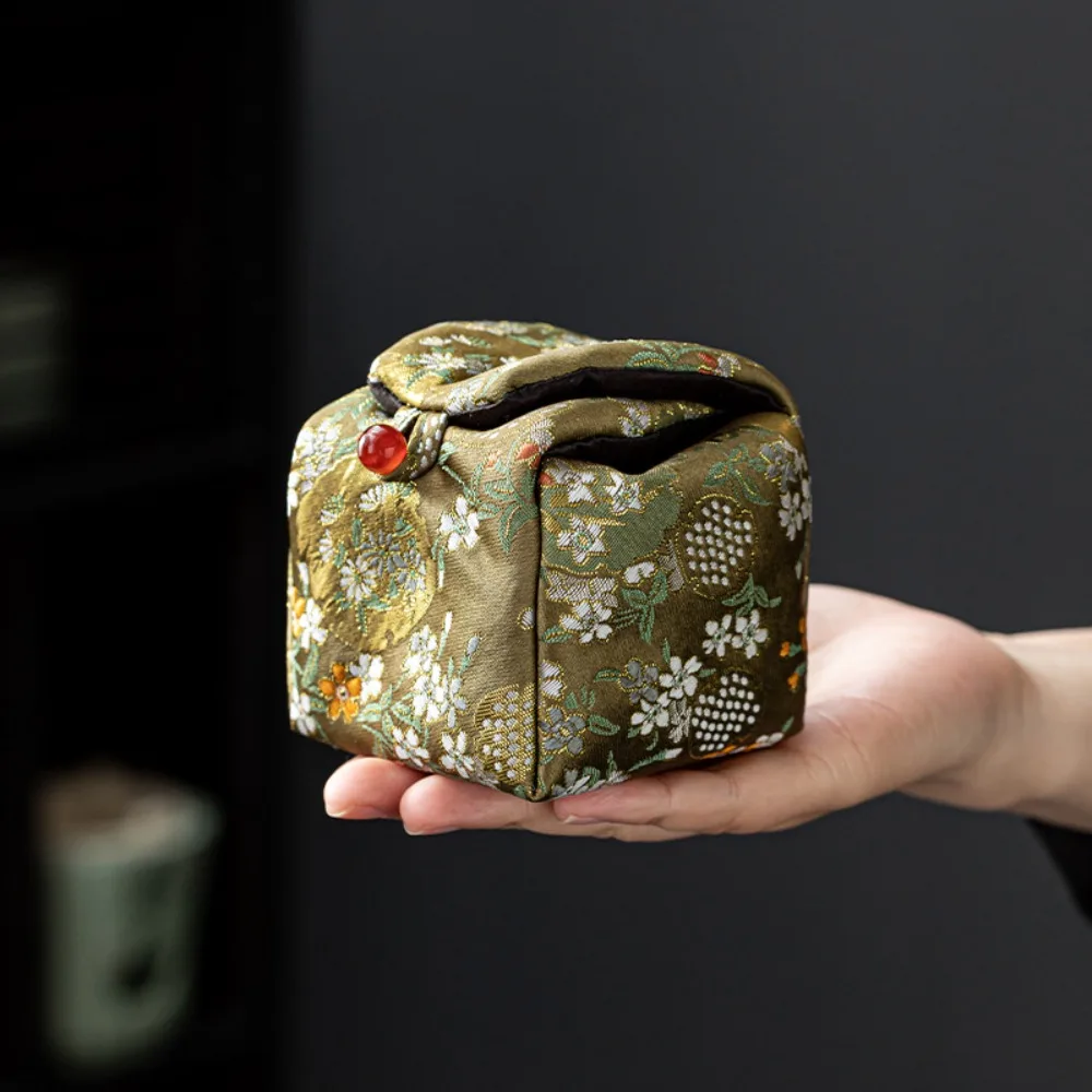 Bolsa de té de brocado Retro, tela de brocado, Cozies de té portátiles, patrón de loto enredado, tetera gruesa, bolsa para acampar