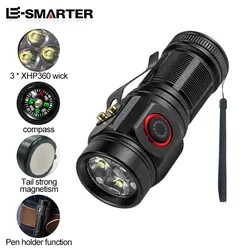 MINI Strong 3LED Flashlight Portable Camping Compass Torch Rechargeable 18350 Battery Flashlights Lamp with Tail Magnet Pen Clip