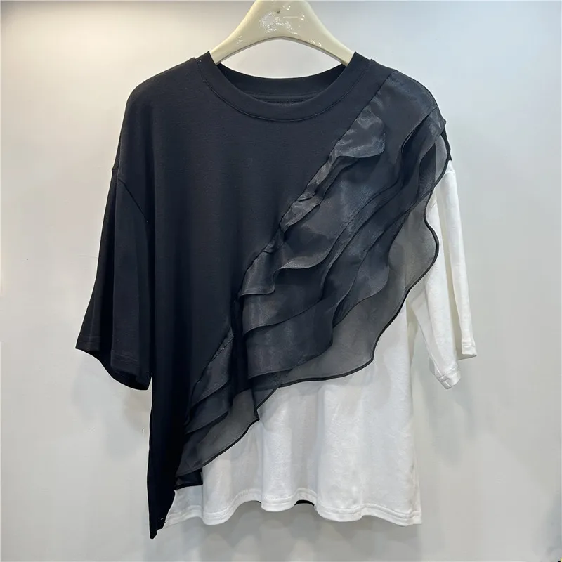 

Женская футболка из органзы в стиле пэчворк с цветными блоками, лето 202, простой универсальный и утягивающий топ с круглым вырезом