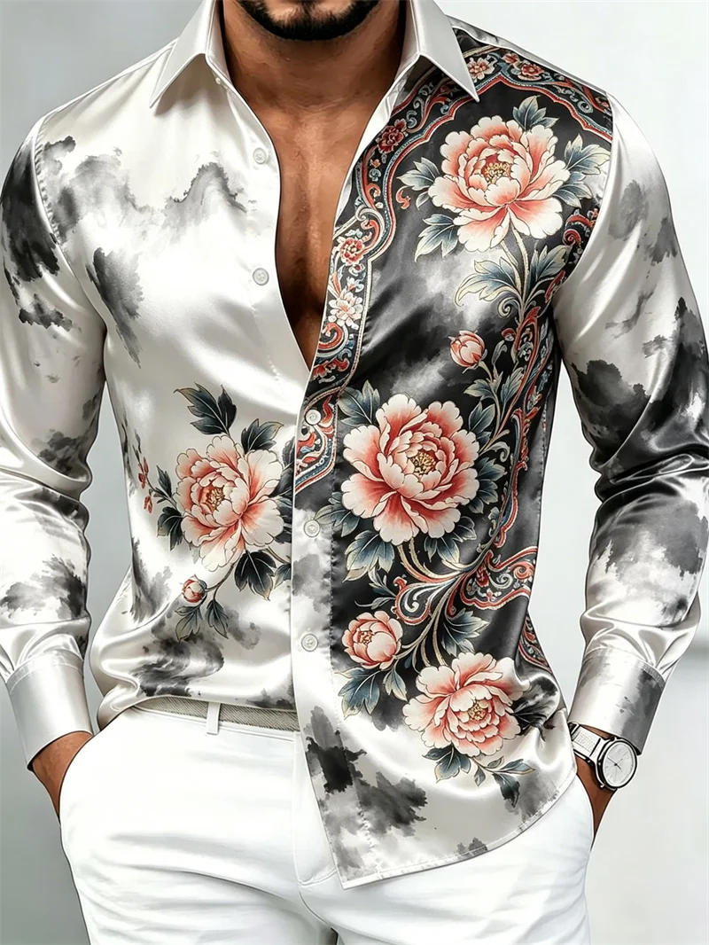 

New beige gemstone Baroque printed men's long sleeved shirt, light luxury slim fit casual shirt clothing