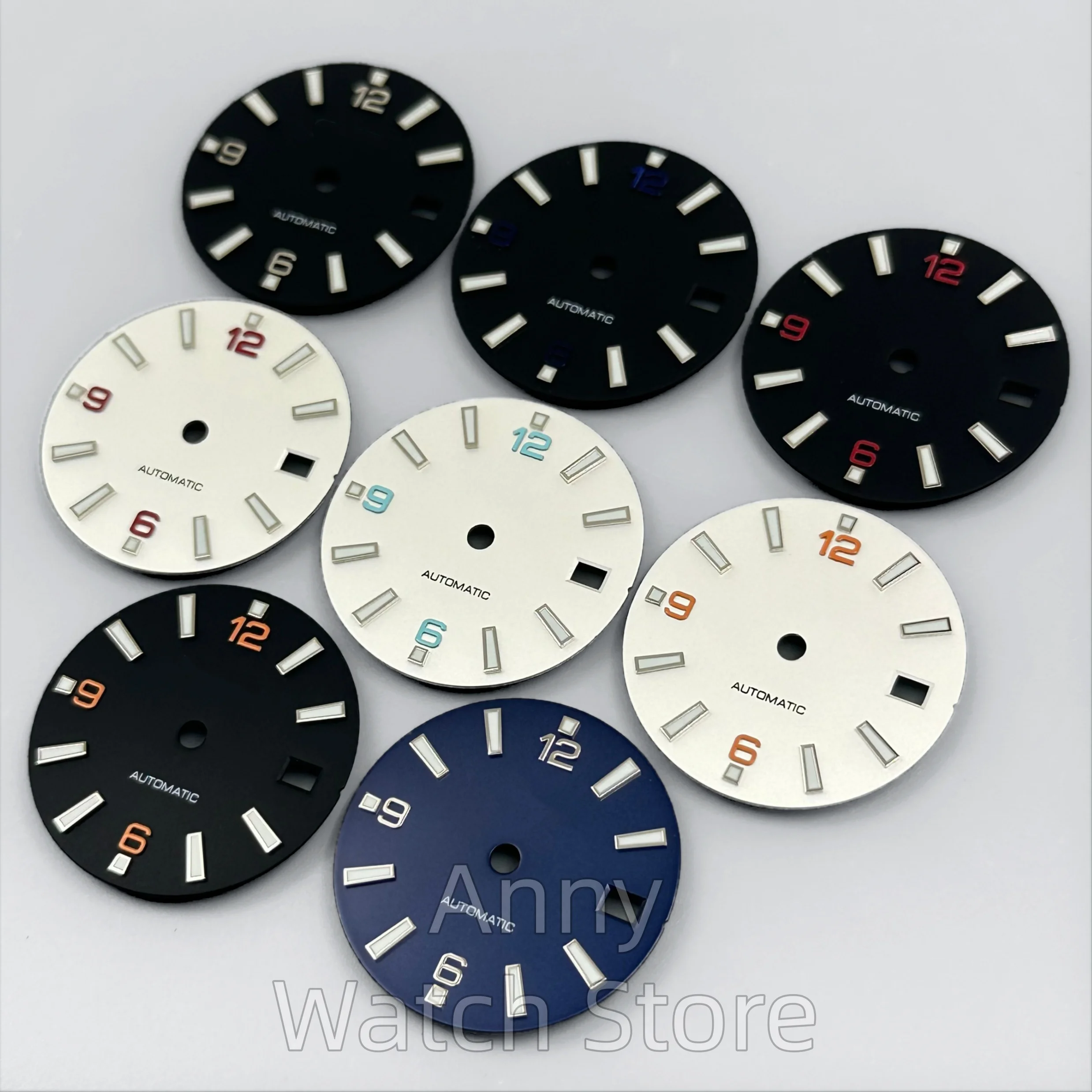 29mm Matte Black/White/Blue Sterile Watch Dial Green Luminous 3 O'clock Date Window Fits NH35 NH36 ETA2824 PT5000 Movement
