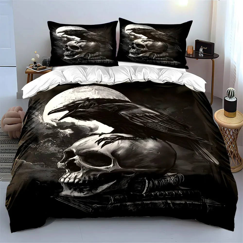 Dark-themed raven skull book design Print Bedding Set 1 Duvet Cover 2 Pillowcases for Adult and Children Luxury Gift Full Size