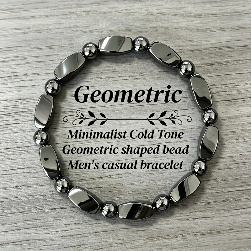 Minimalist Geometric Hematite Bracelet Men Cold Tone Black Beaded Bracelet Elastic Casual Wrist Jewelry Gift