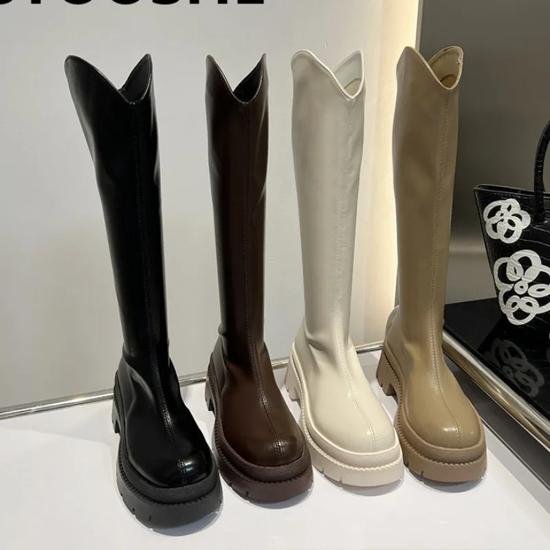 Rear Zipper Women's Knee-High Boots V Mouth Slimming Knight Boots White Black Velvet Round Toe Mid Heel Rubber Sole Women Shoes