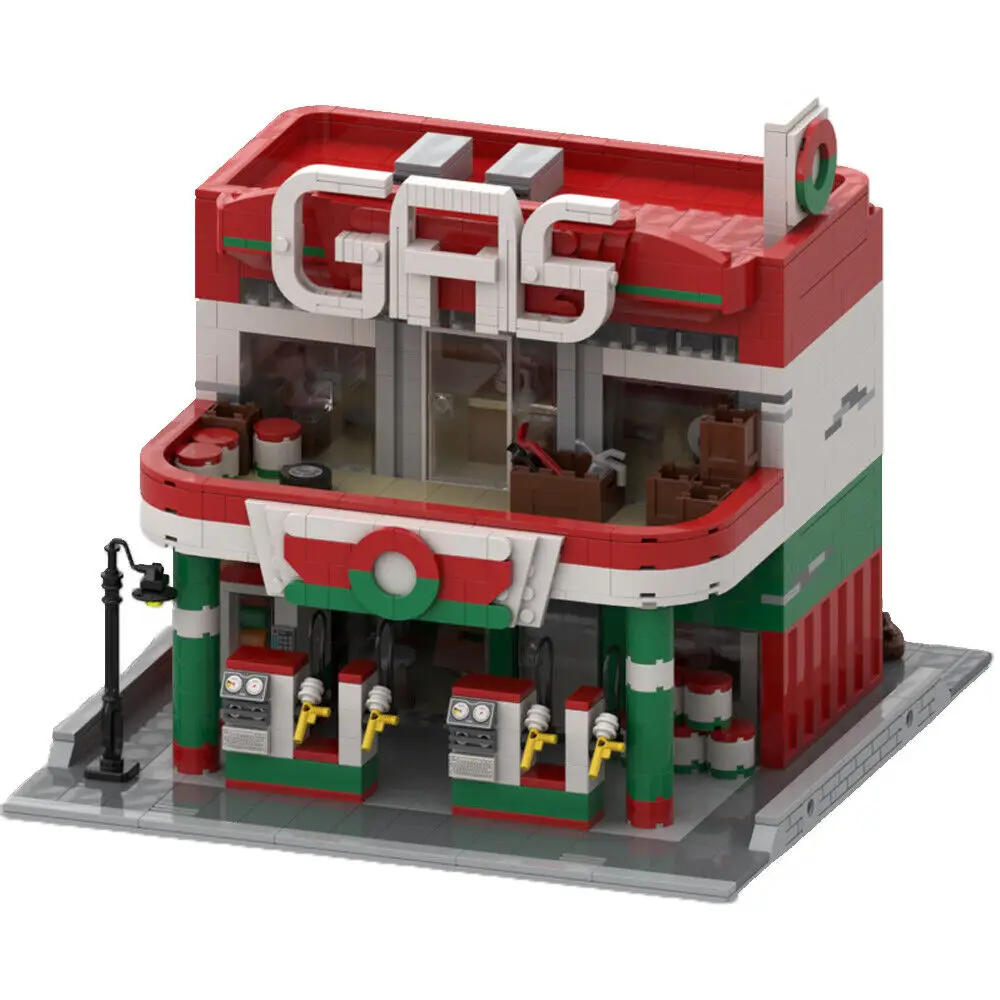 

Modular Gas Station with Convenience Store and Car Store 1617 Pieces MOC Build