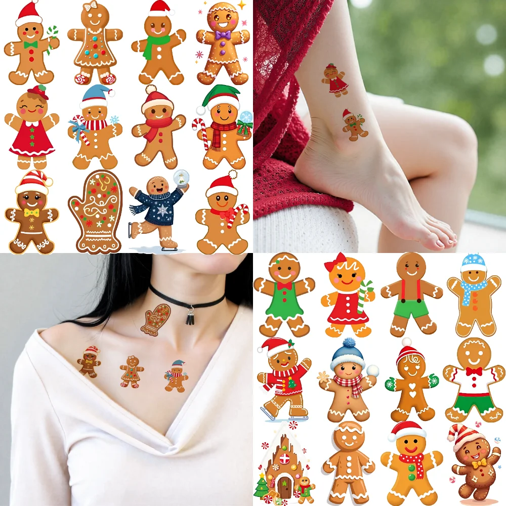54pcs Temporary Tattoo Gingerbread Figures Waterproof Long-lasting Body Stickers Christmas Cookies Gingerbread Ornaments