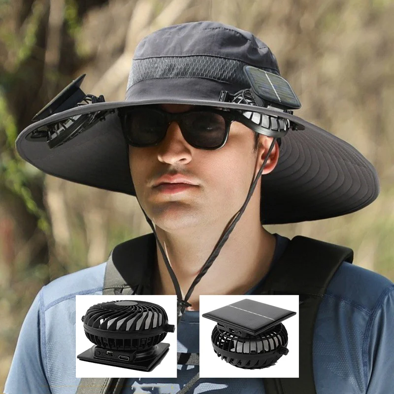High quality wide edge sun hat solar charging fan cooling cap outdoor hiking breathable mesh drying polyester bucket hat