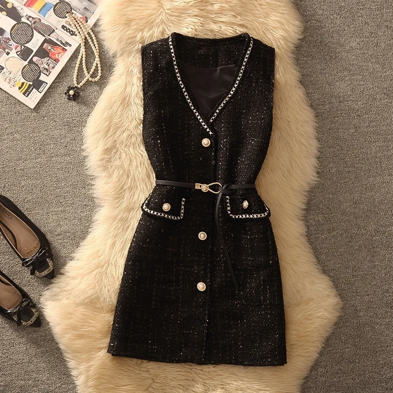 2025 Spring Autumn New Women's Dress Suit Small Fragrance Sleeveless Vest Dress 2PCS Long-Sleeved Sweater Temperament Dress Set