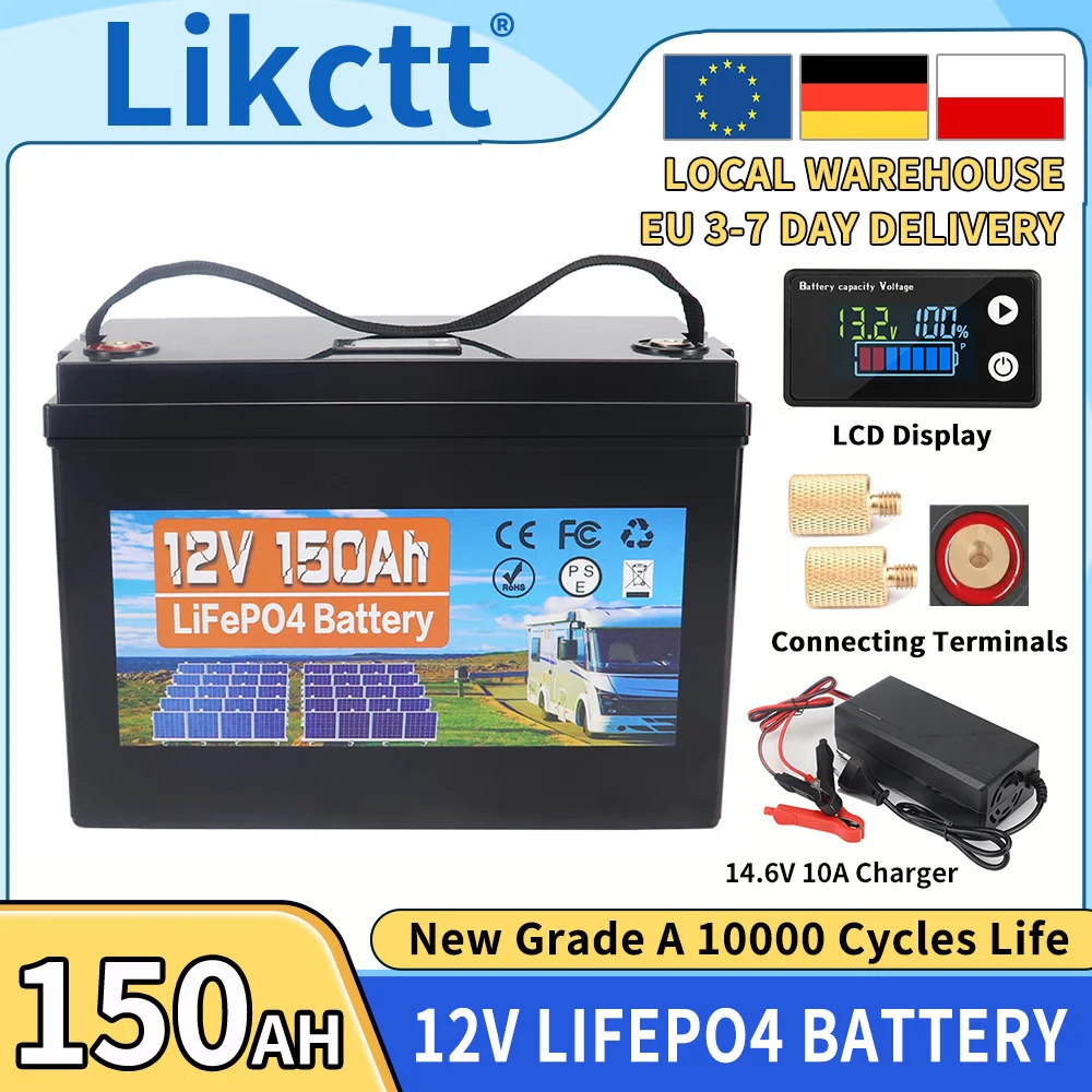 12V 24V 100Ah 150Ah 200Ah 350Ah LiFePO4 Batterij met ingebouwde BMS Lithium IJzer Fosfaat Cel Graad A 10000 cycli levensduur voor camper, zonne-energie, trollingmotor EU voorraad