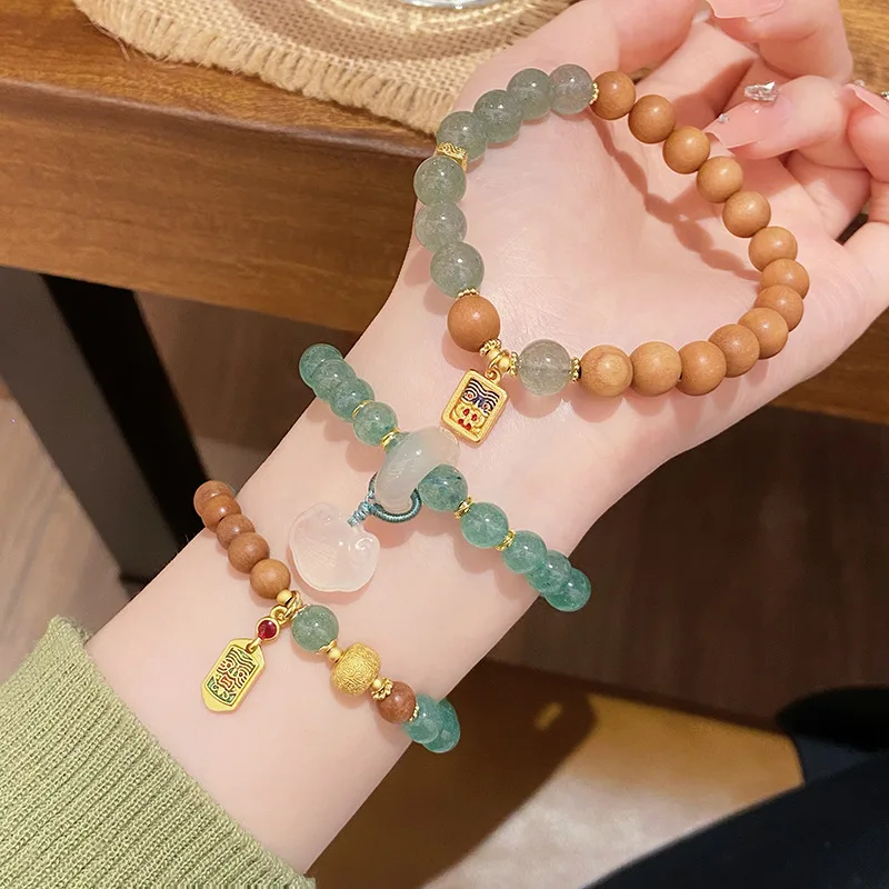 

New Chinese Ancient Style Sweet Fresh Green Strawberry Quartz Ebony Niche Design Chalcedony Ruyi Bracelet