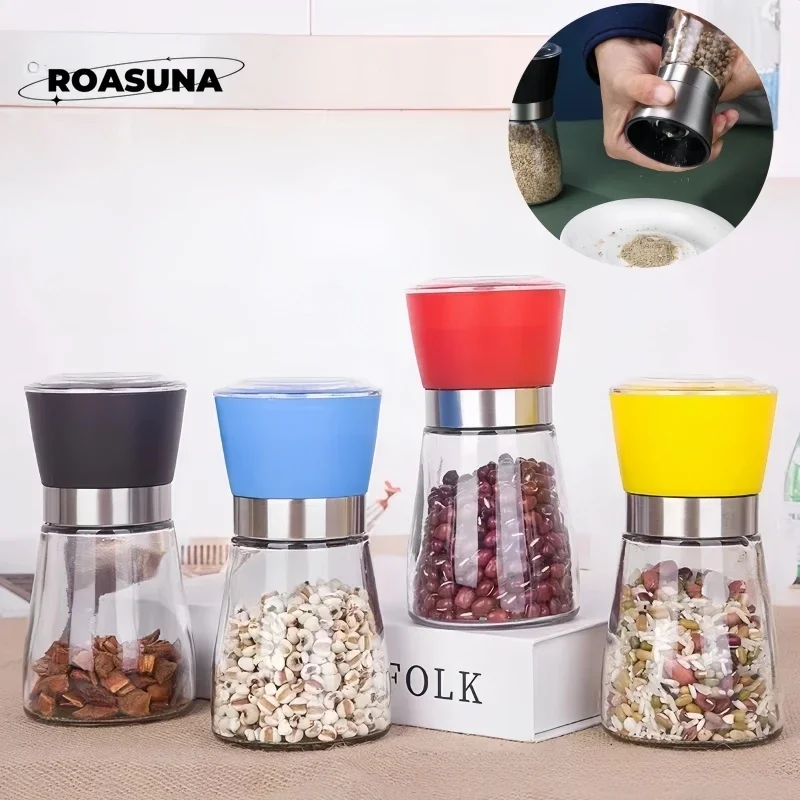 Manuel cam öğütücü karabiber biber deniz tuzu paslanmaz çelik seramik çekirdekli baharat şişesi satıcısı Yayılan şişe kullanın