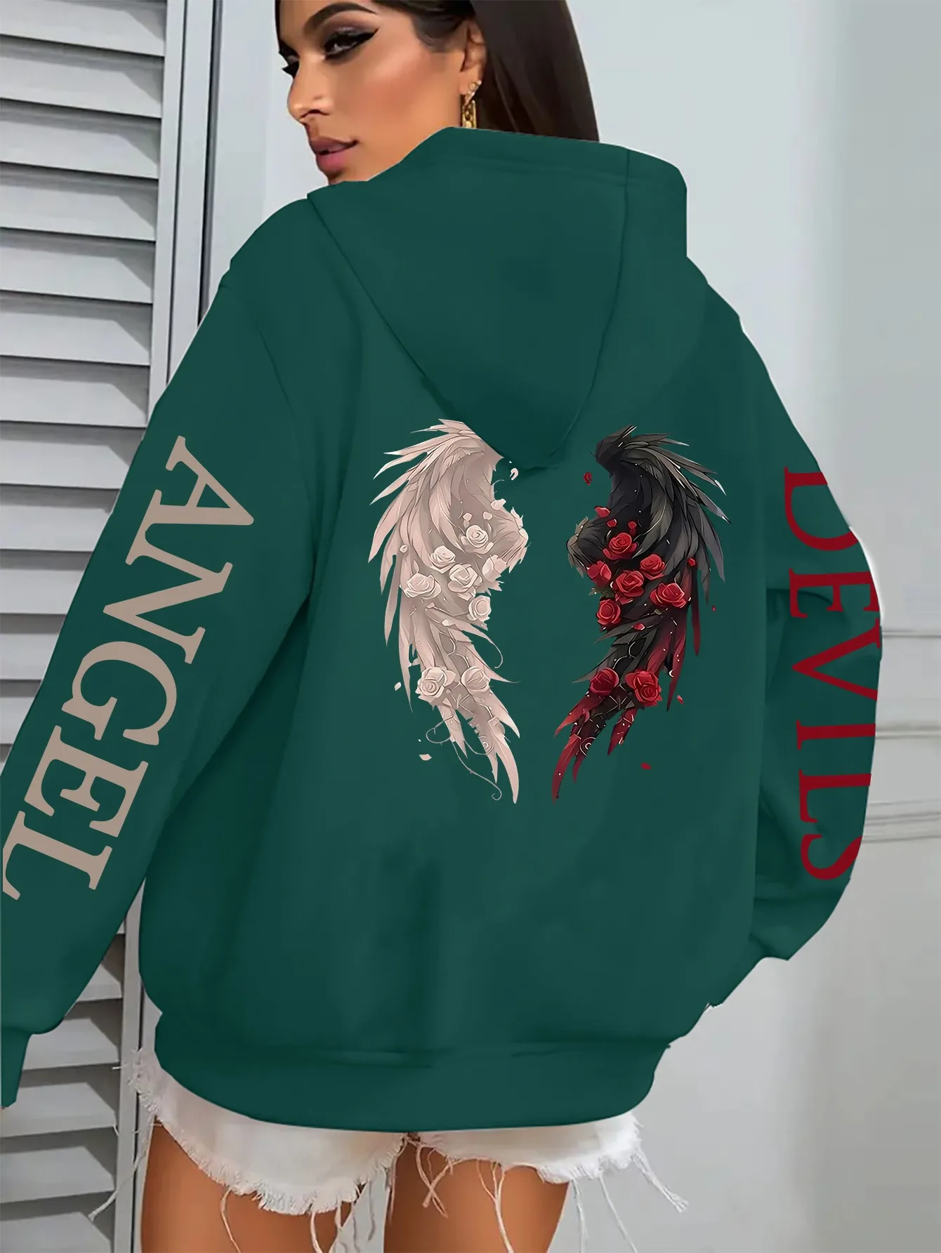 Women's Hoodie Jacket - Dark Green with Angel/Devil Contrast Print, Zipper Front Closure & Side Pockets - Warm Polyester Outerwe