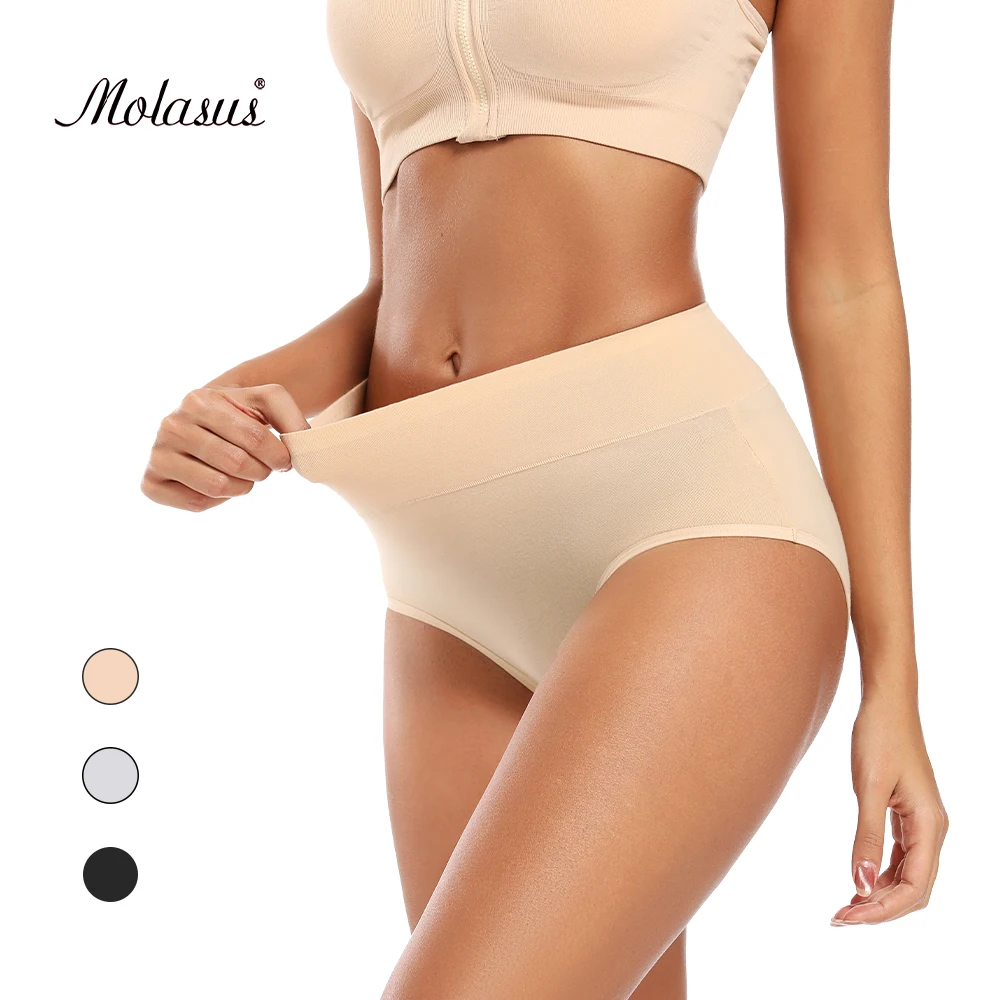 Molasus Women Seamless Belly Control Underwear Ladies Plus Size Briefs Soft Cotton Panties Breathable Nude High Rise Underpants