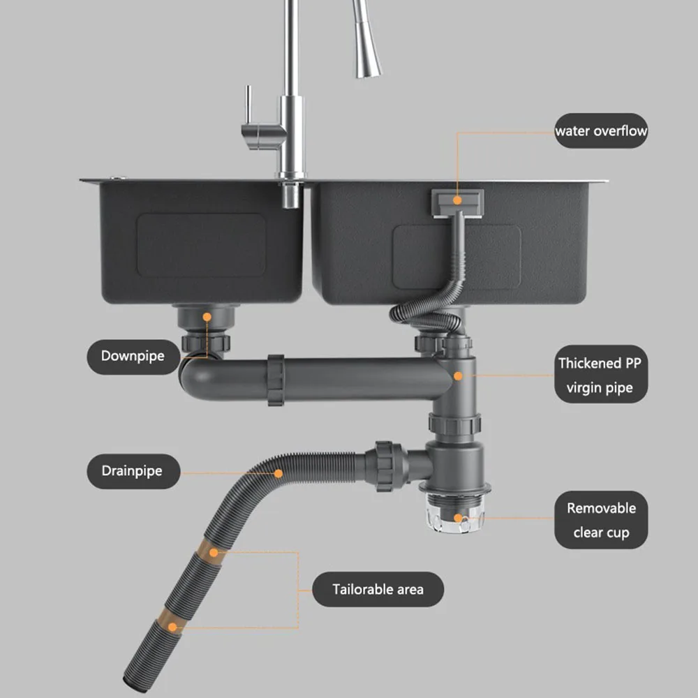 Imagem -06 - Cozinha Desodorização Sink Drain Pipe Grupo 3-way Lavatório Drenagem Mangueira de Água Único Tanque Duplo Tubo de Esgoto Anti-bloqueio