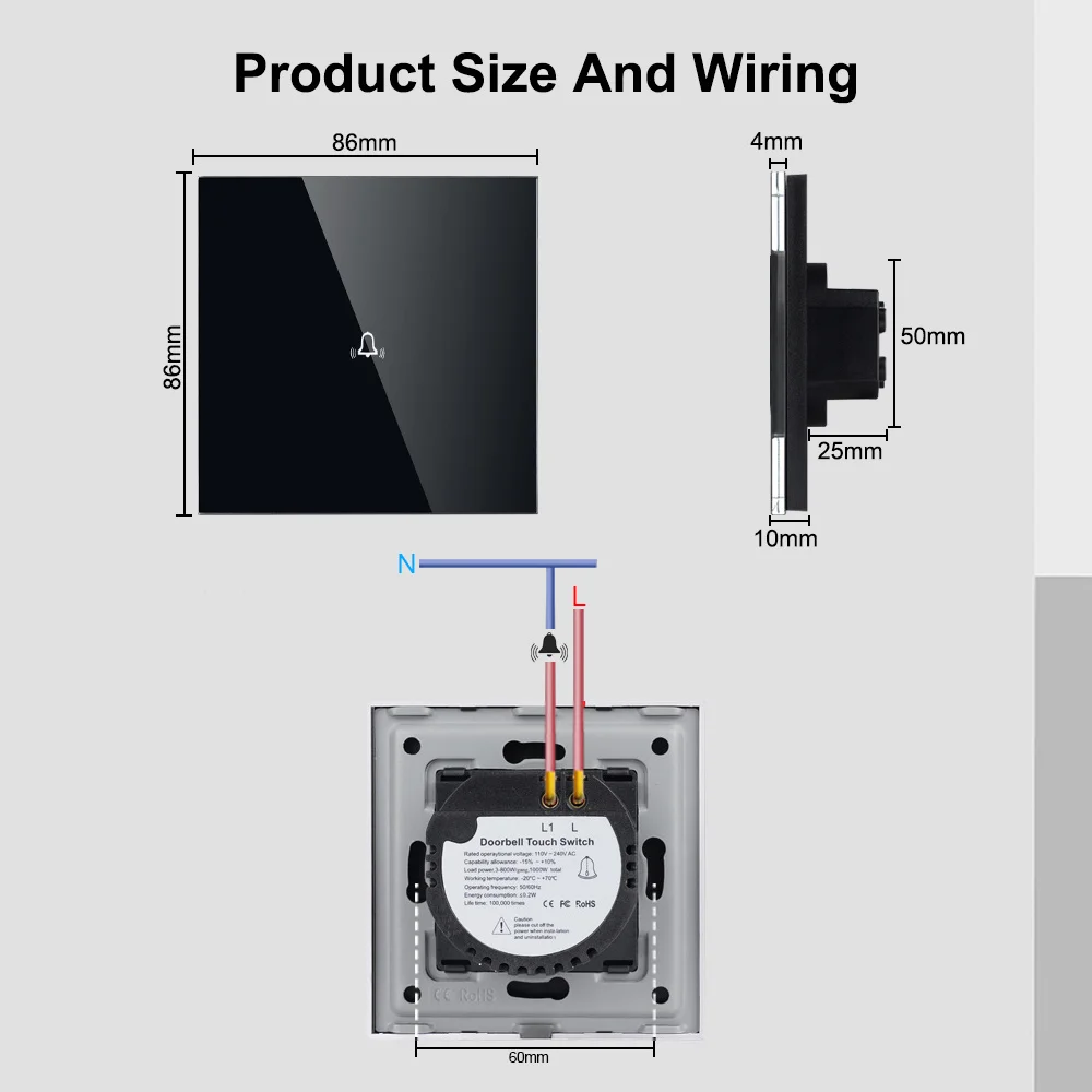 TAWOIA Touch Sensor Doorbell Switch Glass Panel Wall Dingdong Switch Suitable For Mechanical Doorbell With Transformer