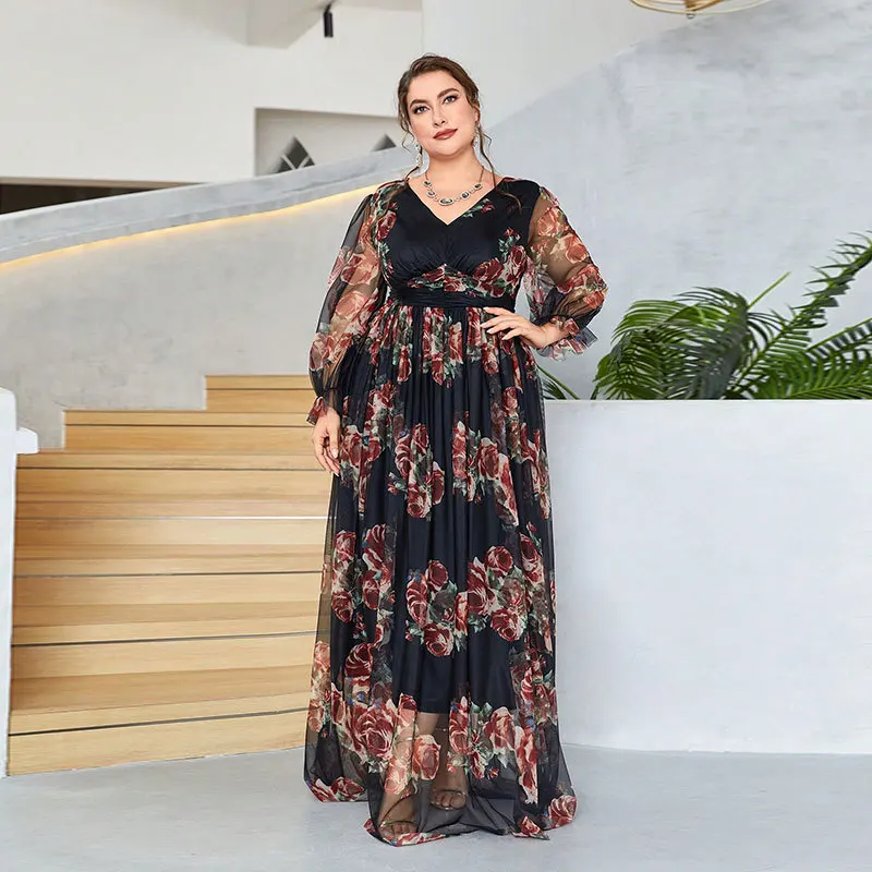 Dress, autumn new V-neck slightly fat MM bohemian large size women's dress, new simple temperament high-end women's clothing