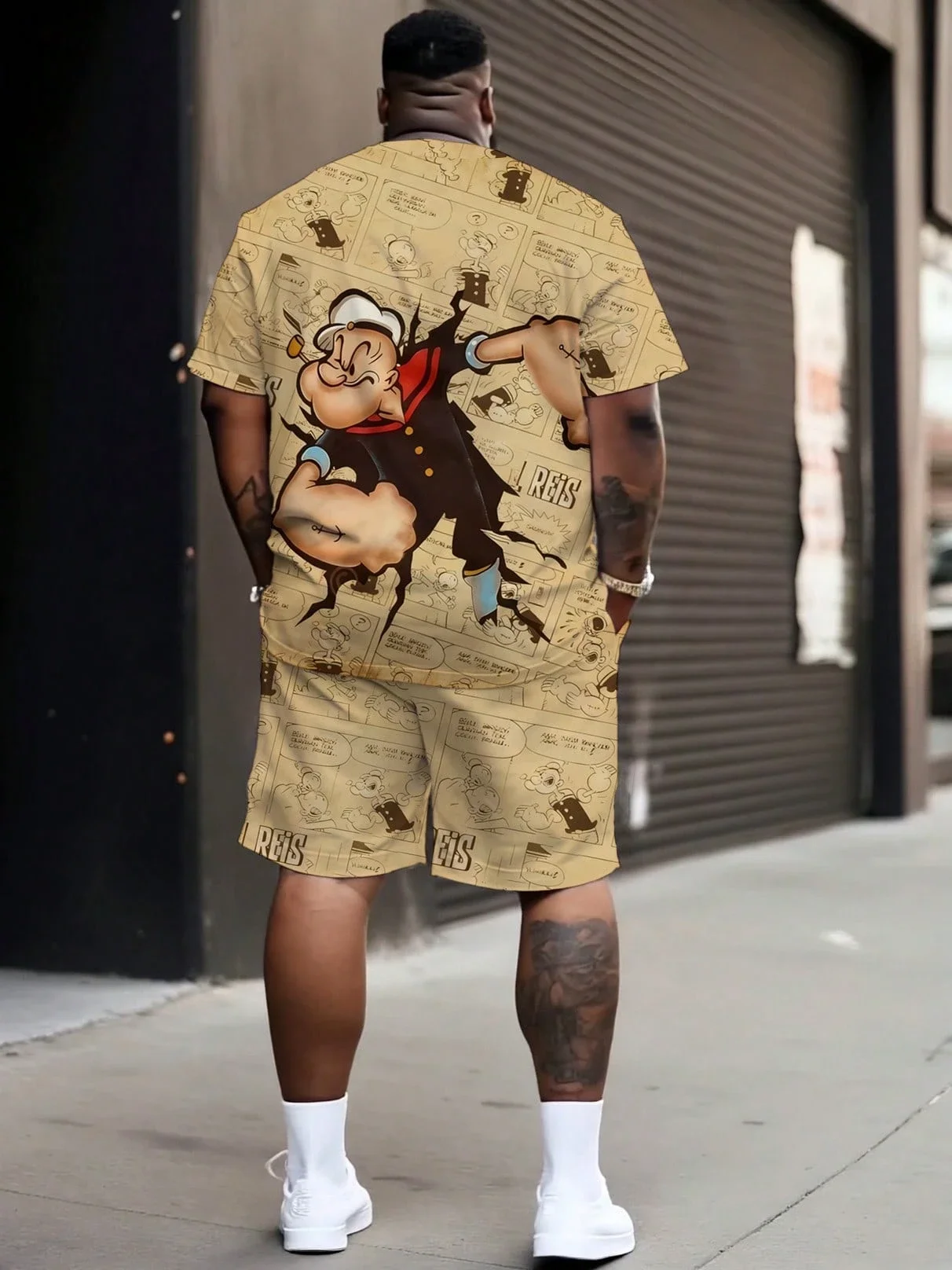 Conjunto de Ropa Urbana para Hombre con Estampado de Marinero de Dibujos Animados Vintage, Camiseta de Manga Corta con Cuello Redondo de Punto de Poliéster y Pantalones Cortos con Cordón