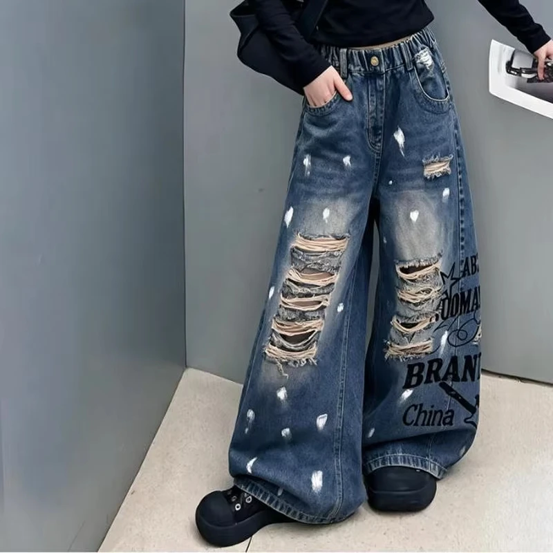 Autumn Girls Fashion Jeans with Holes Letter Print Teens Children Trendy Streetwear Destroyed Denim Pants Kids Hip Hop Trousers