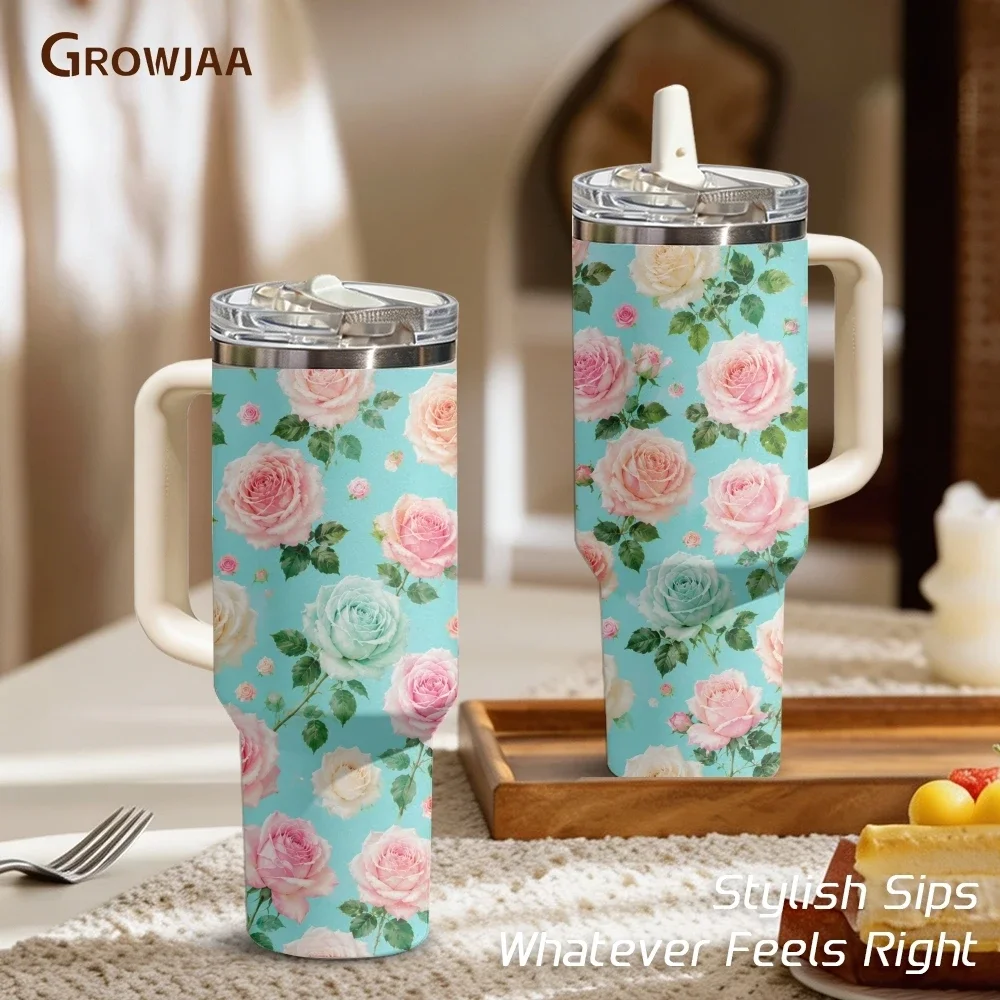 Turquoise Rose Seamless Pattern Vacuum Flasks 40oz 3rd Gen Vacuum Insulated Stainless Steel Tumbler Cup With Handle Straw Lid