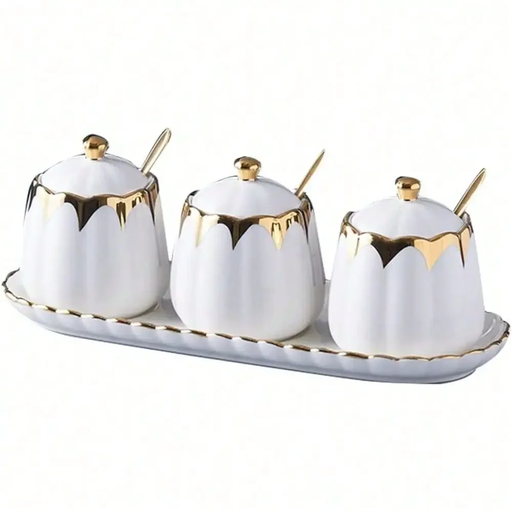 Bowl With Lid And Spoon, Ceramic Spice Container Jars With Tray, Salt And Sugar Containers Set, Gold Condiment Pots Seasoning B
