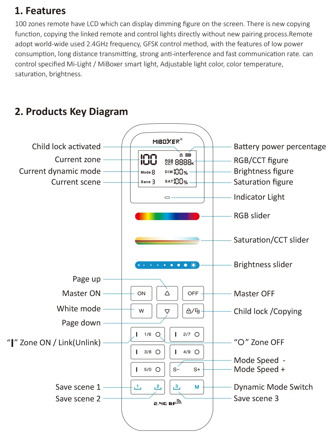 Miboxer 100 zona FUT100 RGB + CCT pengendali jarak jauh LED 2.4G RF 16 jutaan warna dapat disesuaikan untuk mibox 2.4G RGB + lampu Led CCT