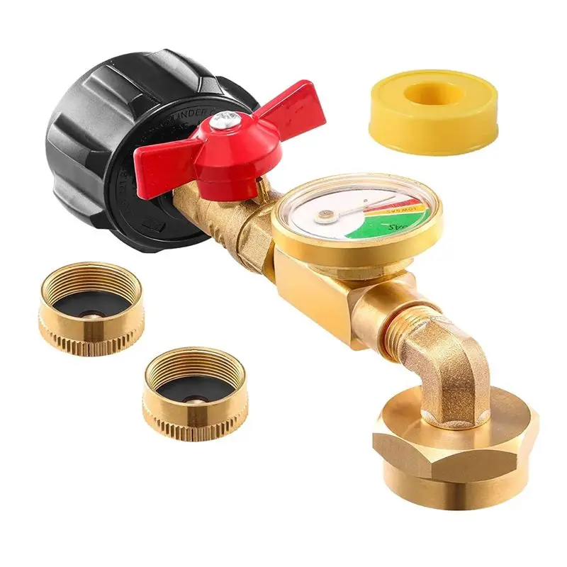 AEE2-Brass Propane Tank Adapter With Propane Tank Gauge, 90 Degrees Refill Pressure Adapter With ON-Off Control Valve