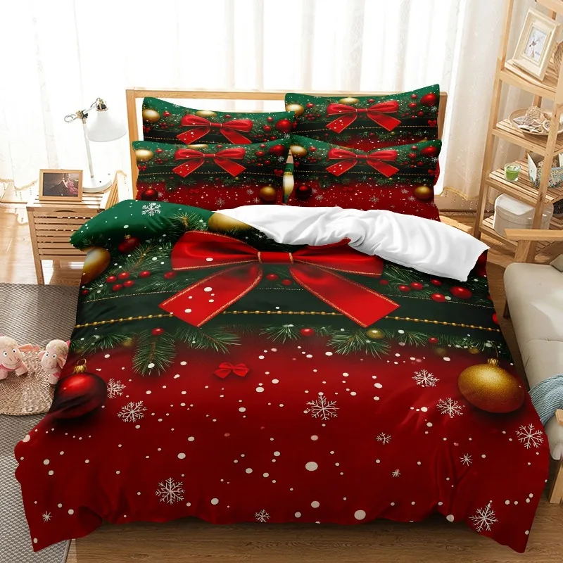 All-Season Christmas Bow and Snowflake Print Brushed Three-Piece Sheet Set with A Festive Vibe Home Textile Products