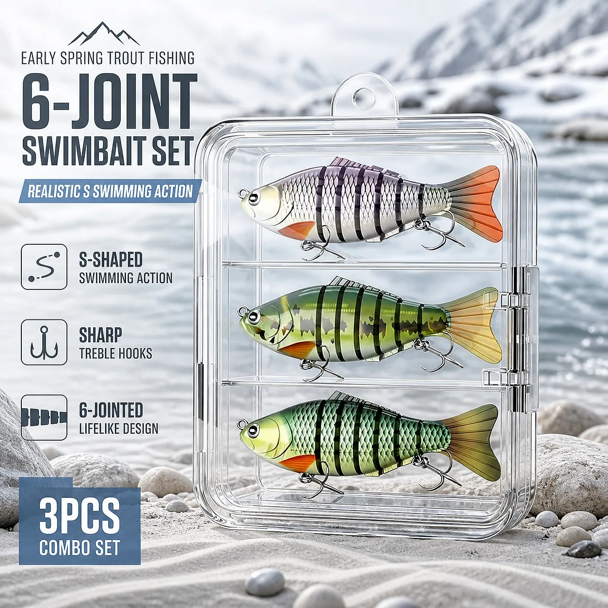 3 Pcs Multi Jointed Swimbaits Full Sinking Durable ABS Wobbler 3D Eye Sharp Triangle Hooks Storage Box for Bass