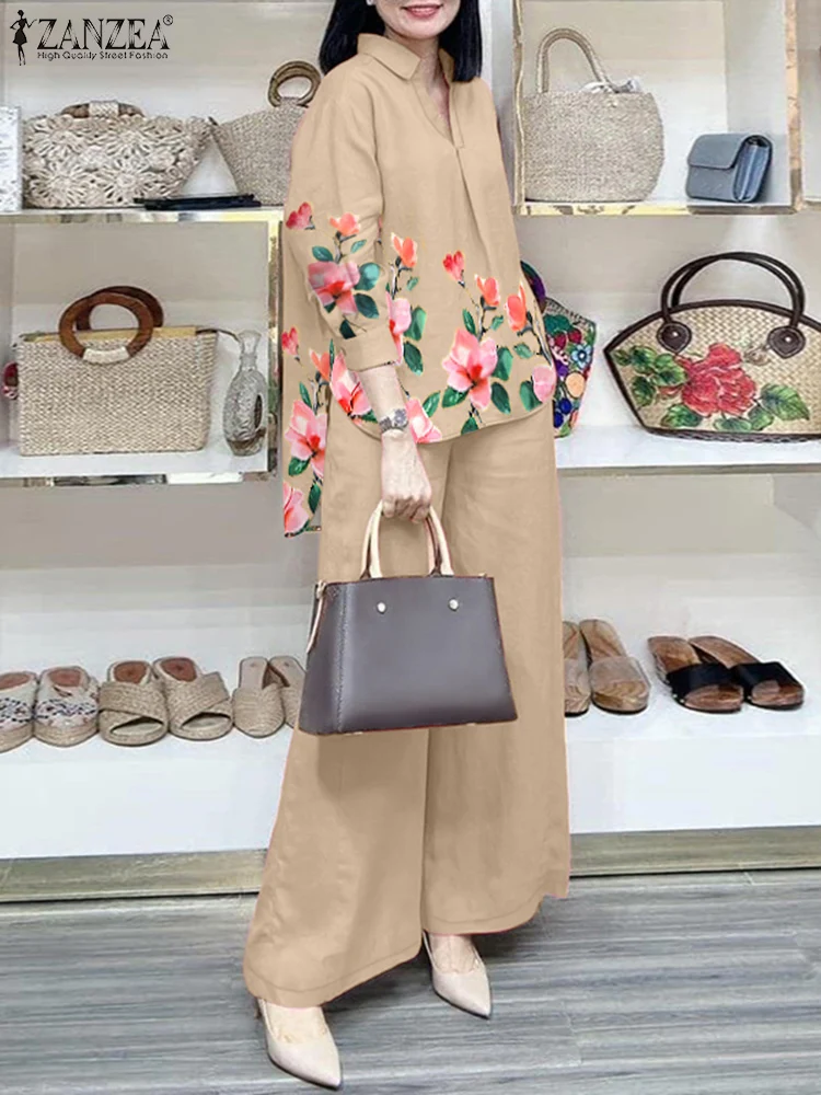

ZANZEA 2024 Autumn Matching Sets Fashion Spring Long Sleeve Printed Blouse Pant Sets 2pcs Women Outfits Elegant Work Tracksuits