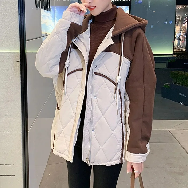 2024Autumn Winter New Korean Version Loose Slimming Hooded Jacket Women Casual Age Reduction Splicing Fake Two-Piece Cotton Coat