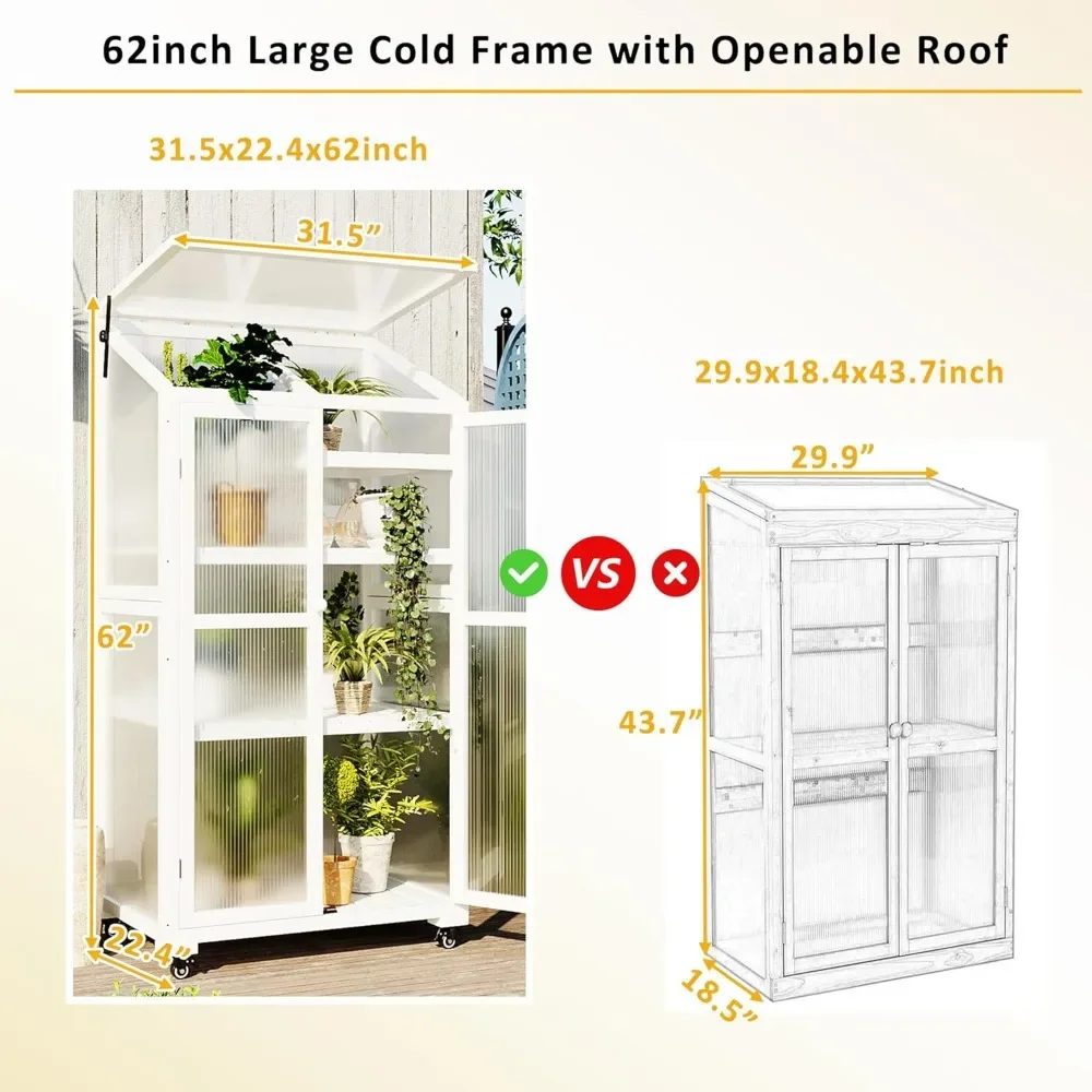 62in Height Large Wood Greenhouse Portable Cold Frame with Wheels and Adjustable Shelves, Green House for Outdoor Garden